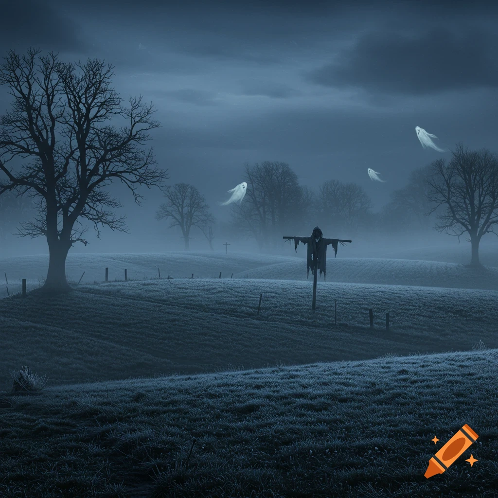 A dark, misty landscape with a scarecrow, bare trees, and white ghosts floating over rolling fields.