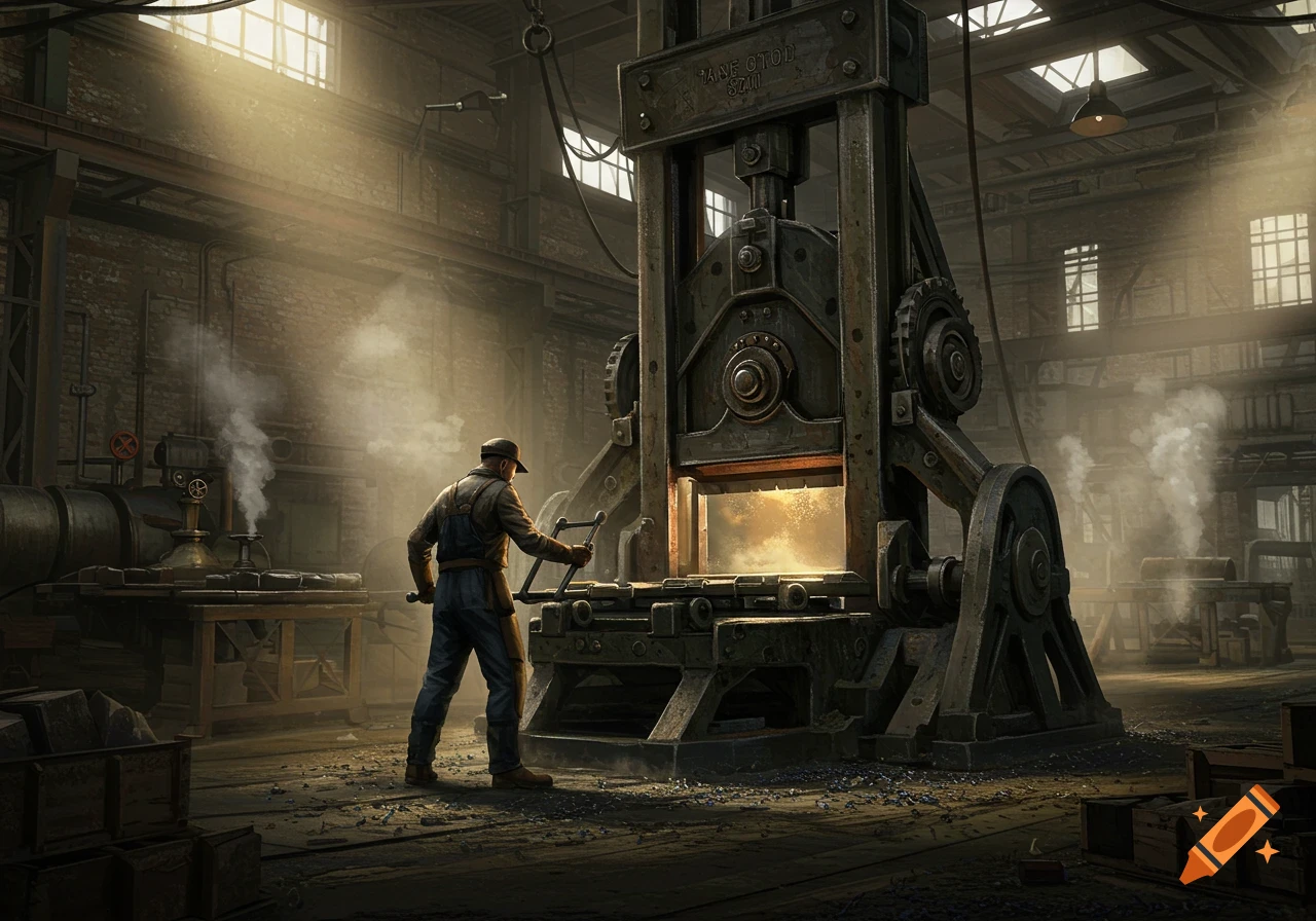 A worker operates a large industrial press in a dimly lit factory with shafts of light and steam.