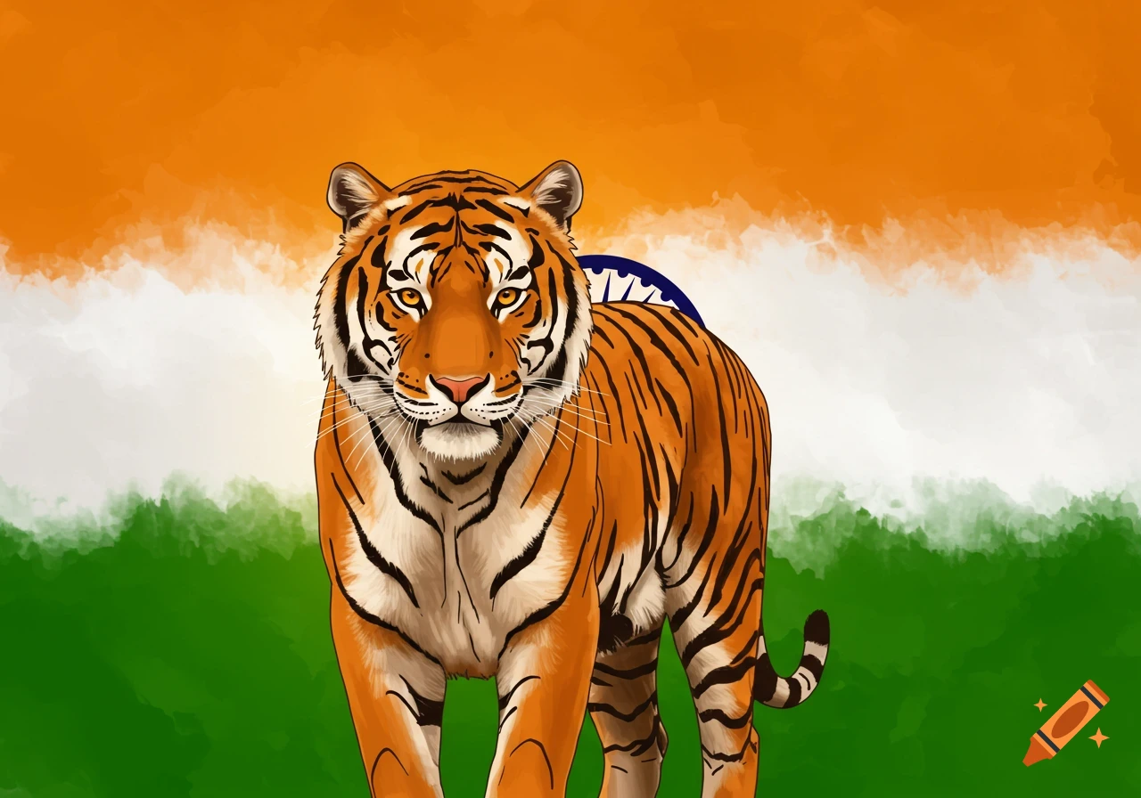 A stylized Bengal tiger stands against a painterly background depicting the Indian flag with orange, white, and green stripes.