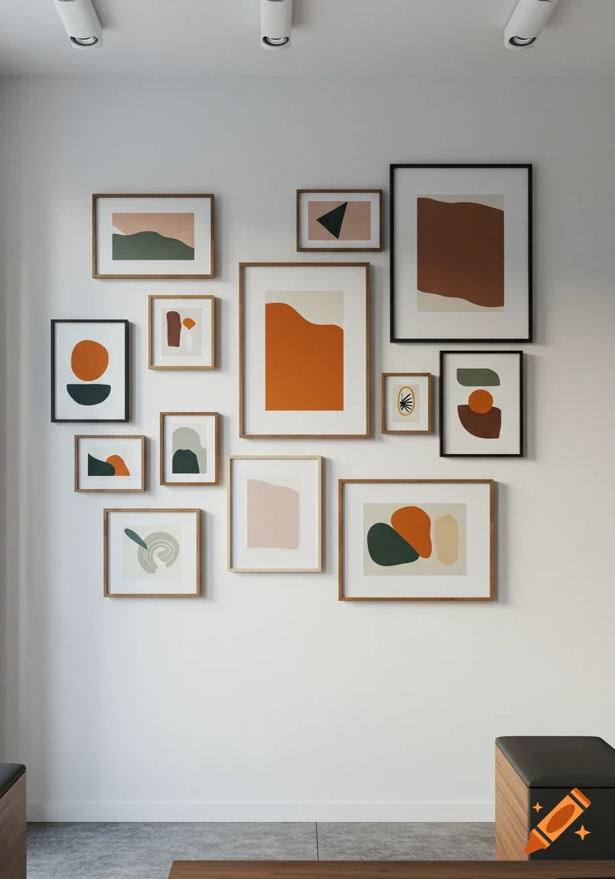 A white wall displaying a gallery of framed abstract art, with minimalist shapes in orange, green, brown, and pink, in a modern interior.