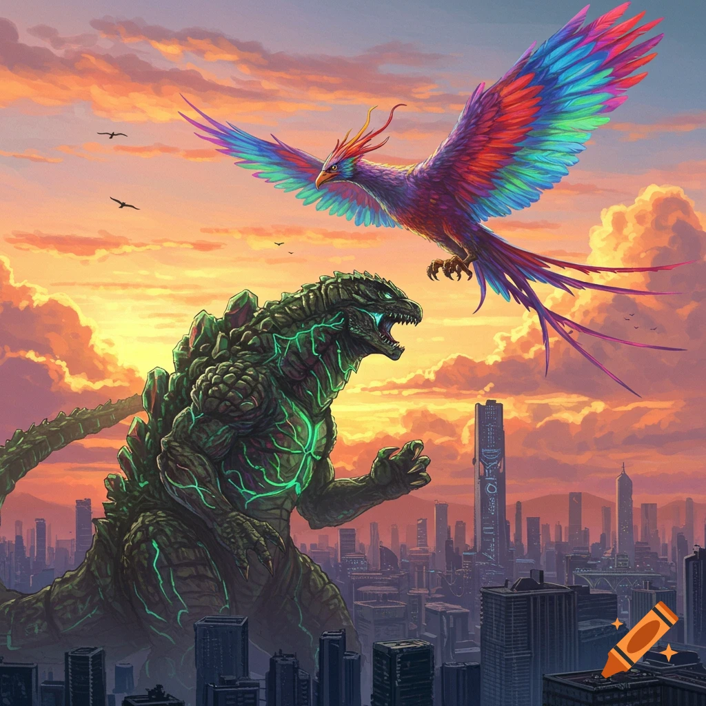 A giant green Godzilla-like creature with glowing lines roars at a massive, colorful phoenix flying above a city at sunset.