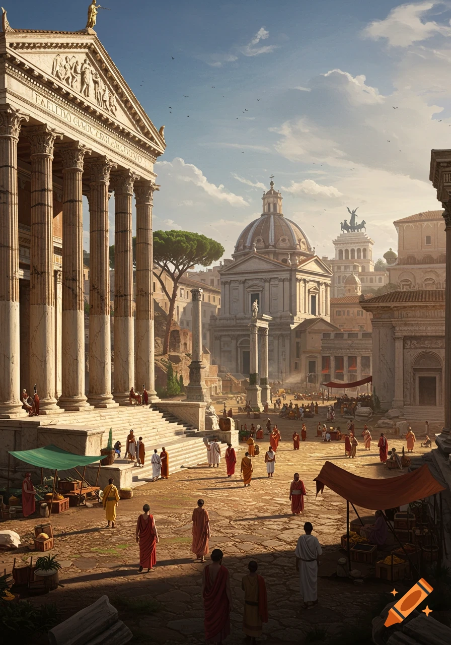 A bustling ancient Roman city square with grand temples, domed buildings, and many people in tunics under a bright sky.