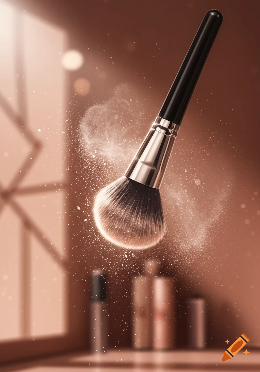 Photorealistic image of a makeup brush with powder scattering, against a soft brown background with blurred cosmetic bottles.