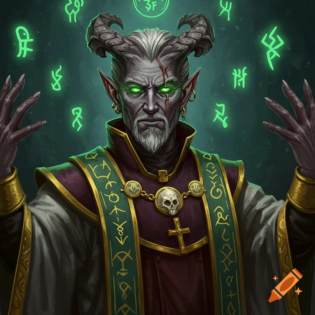 A grey-skinned Tiefling cleric with glowing green eyes and horns, wearing ornate purple and green robes with gold trim, holding hands up amidst floating green mystical symbols. Fantasy art style.