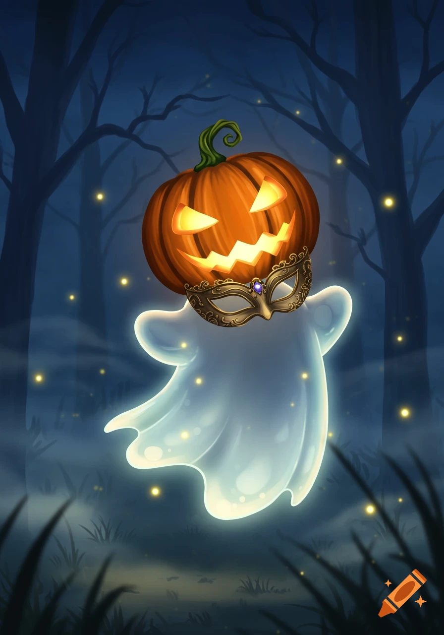 A glowing white ghost with a carved pumpkin head and a gold masquerade mask floats in a dark, misty forest with fireflies, illustration.