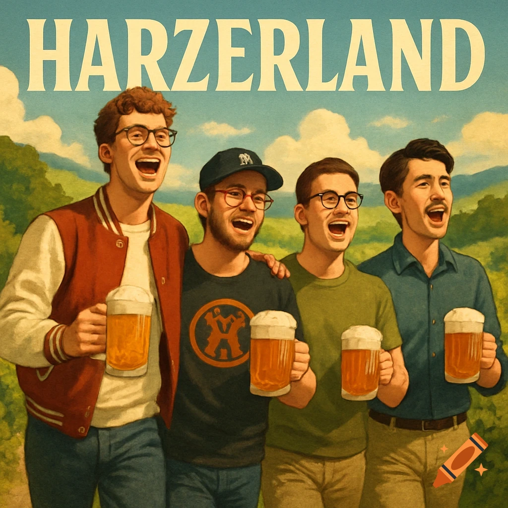 Illustrated album cover titled 'HARZERLAND' featuring four cheerful men singing and holding beer mugs in a scenic, green landscape.