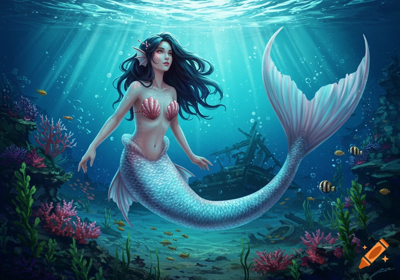 A beautiful dark-haired mermaid with a blue and pink tail floats in a vibrant underwater scene with coral, fish, and a sunken ship.