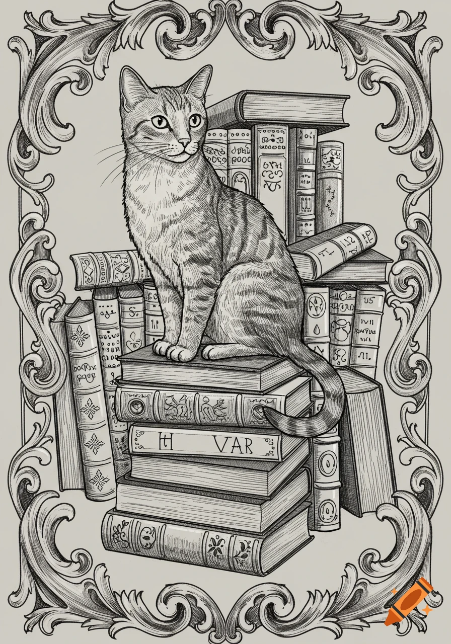 A black and white illustration of a tabby cat sitting on a stack of books, framed by ornate scrollwork.