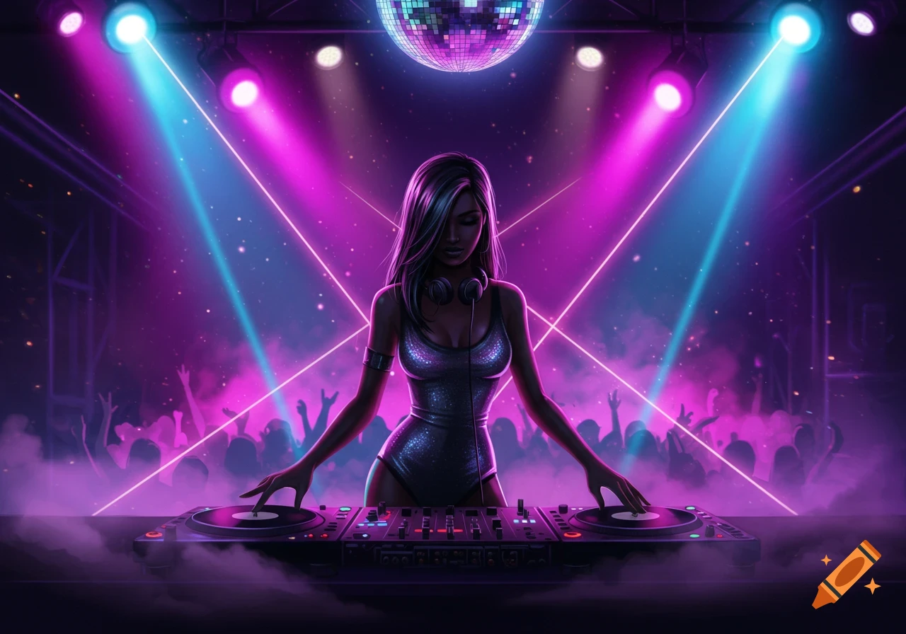 A female DJ in a neon-lit nightclub, mixing music on turntables under a disco ball with a cheering crowd.