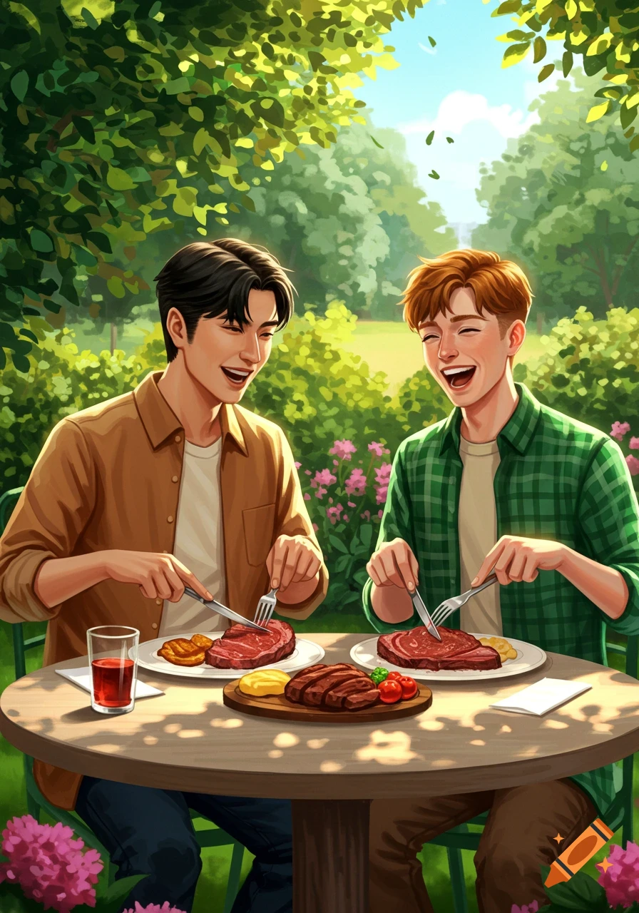 Two smiling young men share a meal of prime rib at a park table, surrounded by lush greenery in an illustrative style.