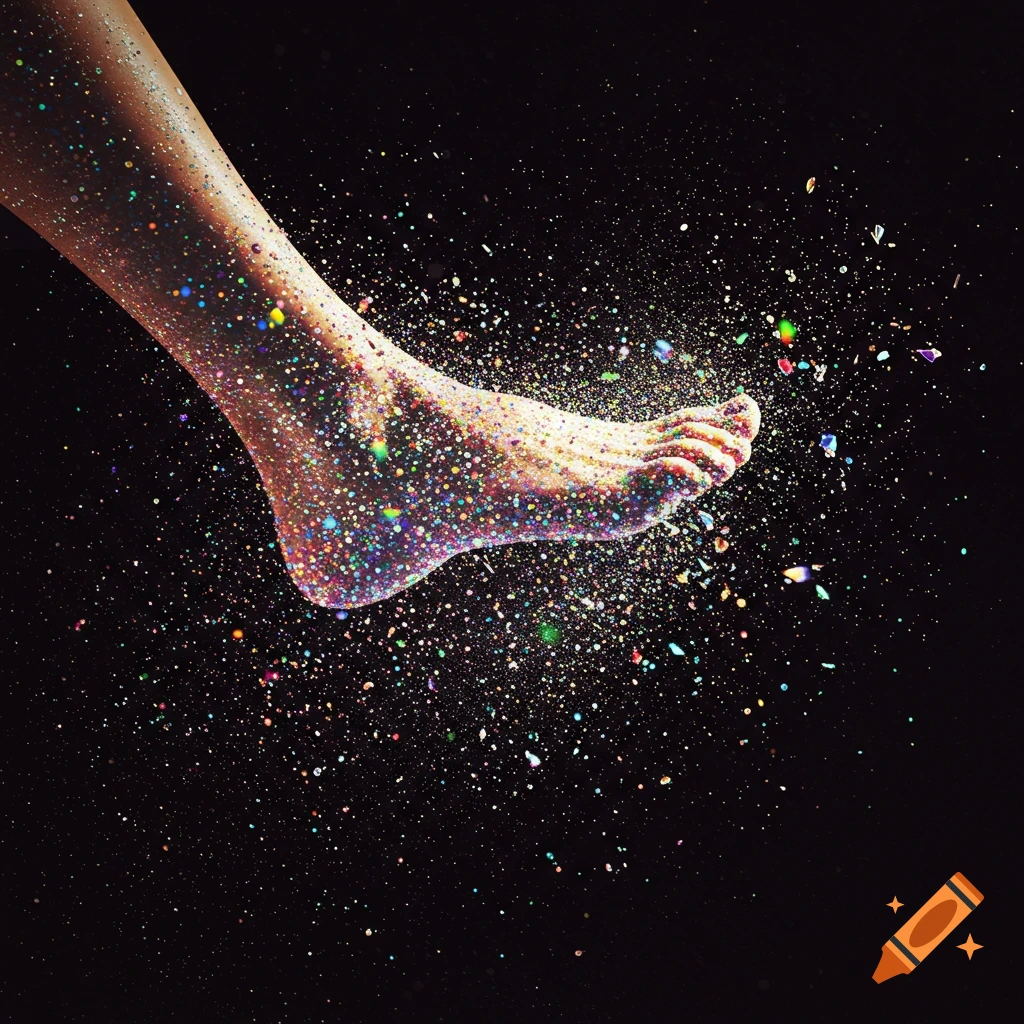 A leg and foot covered in colorful glitter, with sparkles exploding outward against a dark background.