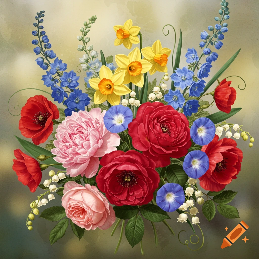 A vibrant bouquet features red roses and poppies, pink peonies, yellow daffodils, blue larkspur and morning glories, and white lily of the valley.
