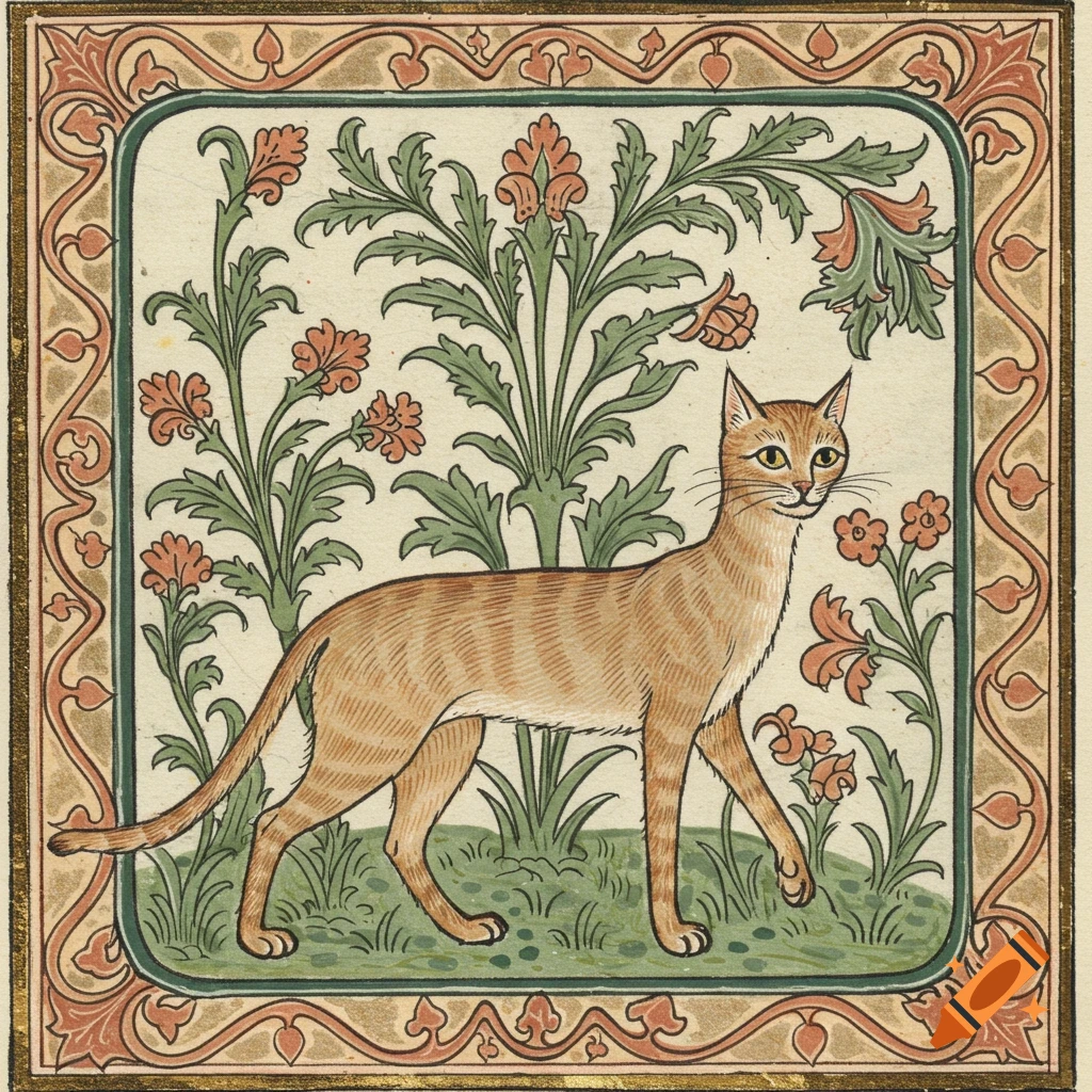 An orange tabby cat walks amidst green foliage and orange flowers, framed by an ornate medieval border.