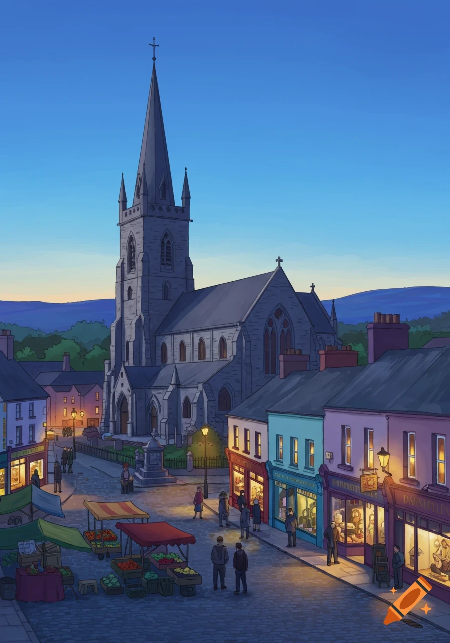 An illustrated evening view of a European town square with a tall church, market stalls, and illuminated shops.