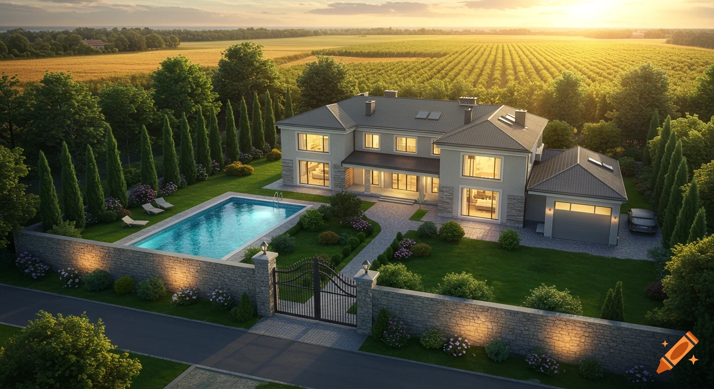 Aerial view of a luxurious house, pool, walled garden, and garage, surrounded by trees and farmland at sunset.