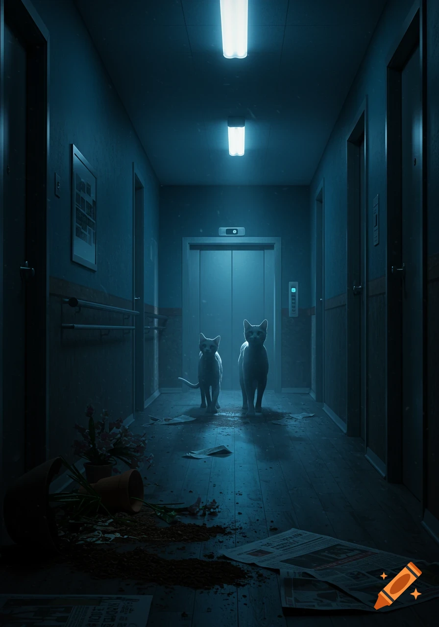 Two cats stand in a dimly lit, eerie blue hallway with a spilled flowerpot and scattered newspapers on the floor.