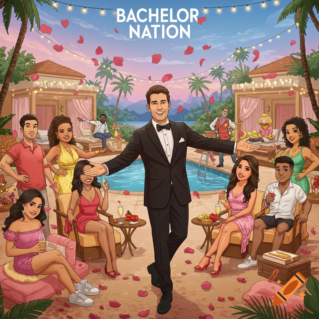 Cartoon of a man in a tuxedo welcoming diverse people at a tropical resort pool with rose petals, 'Bachelor Nation'.