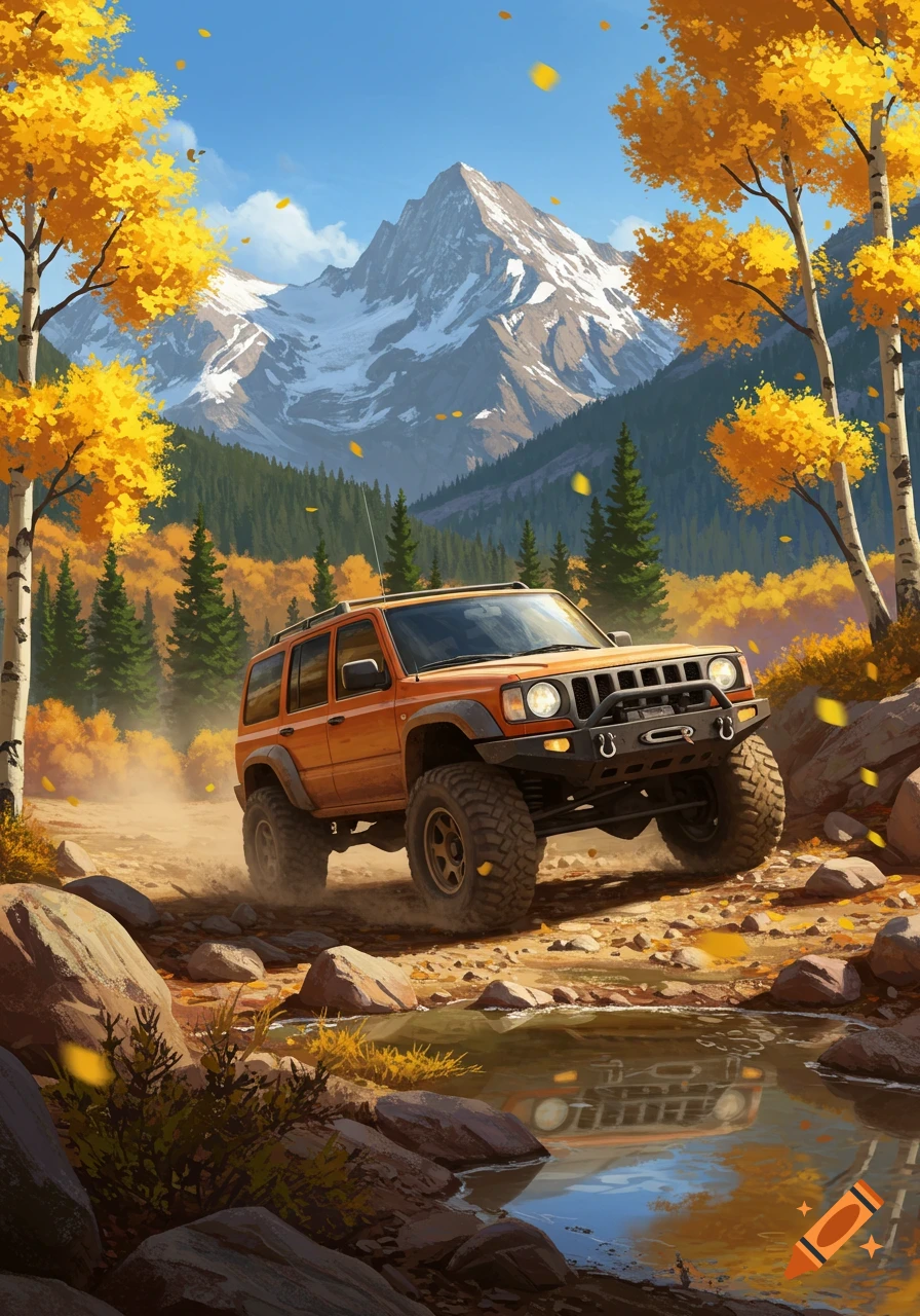Orange off-road SUV on a dirt trail in an autumn mountain landscape with golden trees and snow-capped peaks.