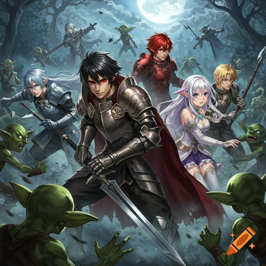 Anime heroes in armor, including a woman and three men, fight a horde of green goblins in a moonlit forest. Fantasy style.