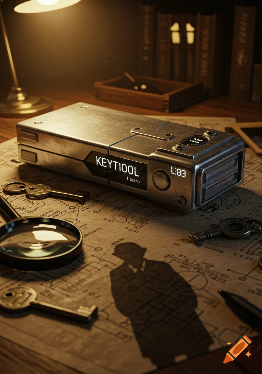 A futuristic metallic device labeled KEYTOOL on a desk with old blueprints, keys, a magnifying glass, and an inspector's shadow.