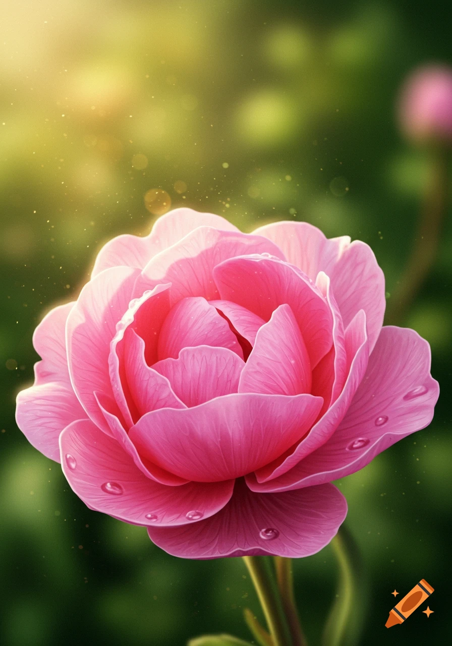 Close-up of a vibrant pink rose with water droplets, sparkling in sunlight against a blurred green bokeh background.