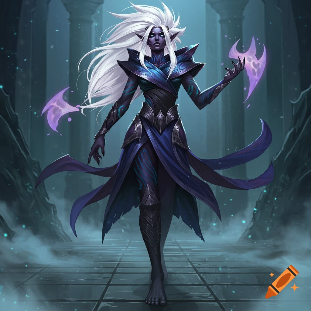 A dark-skinned female drow warrior with long white hair, wearing blue and purple armor, holding purple magic in her hand, in a dark dungeon.