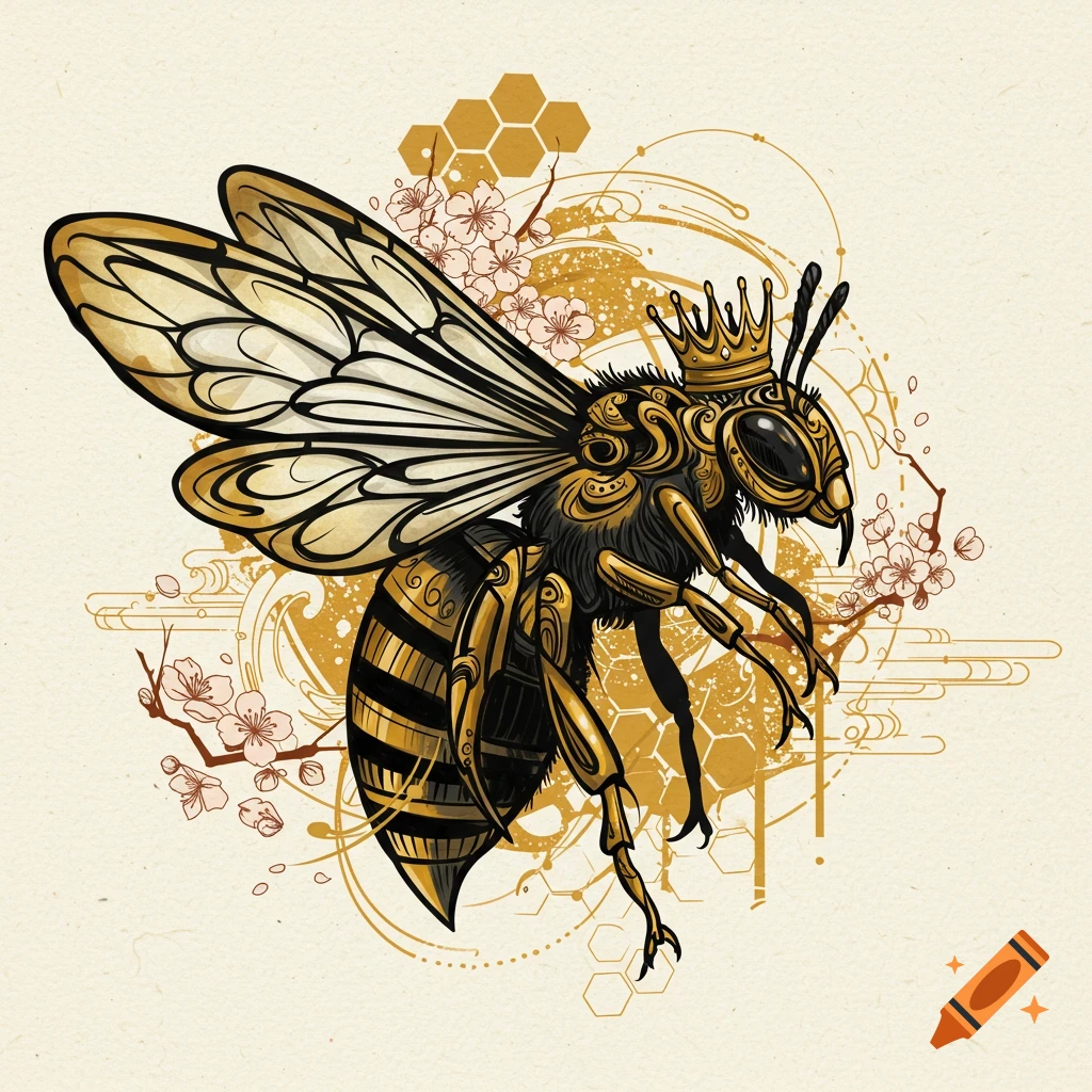 Stylized golden and black bee wearing a crown, with intricate tribal patterns, cherry blossoms, and honeycomb elements.