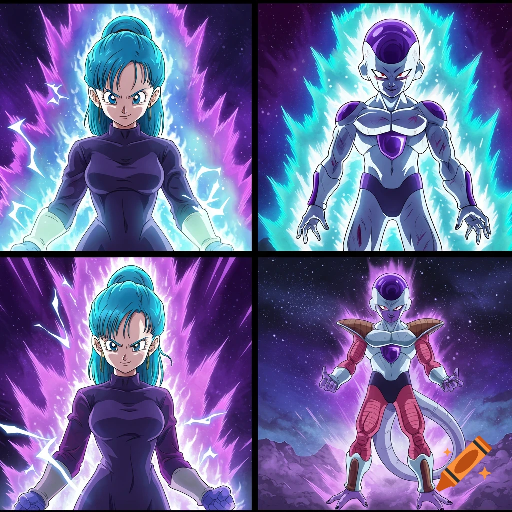 Four-panel anime comic featuring Bulma and Frieza from Dragon Ball in various forms, radiating powerful auras against a space background.