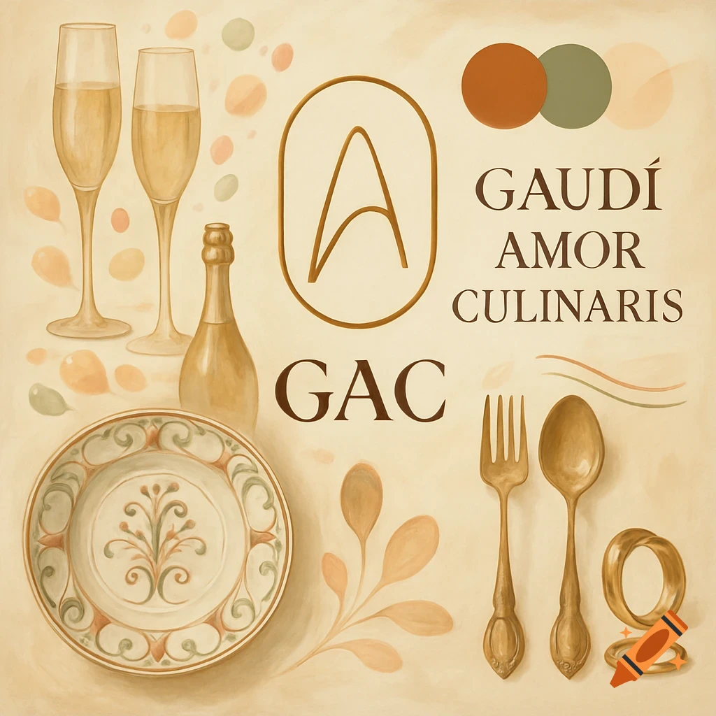 Illustrative culinary mood board featuring champagne glasses, bottle, a decorative plate, cutlery, and 'GAUDÍ AMOR CULINARIS' text on a cream background.