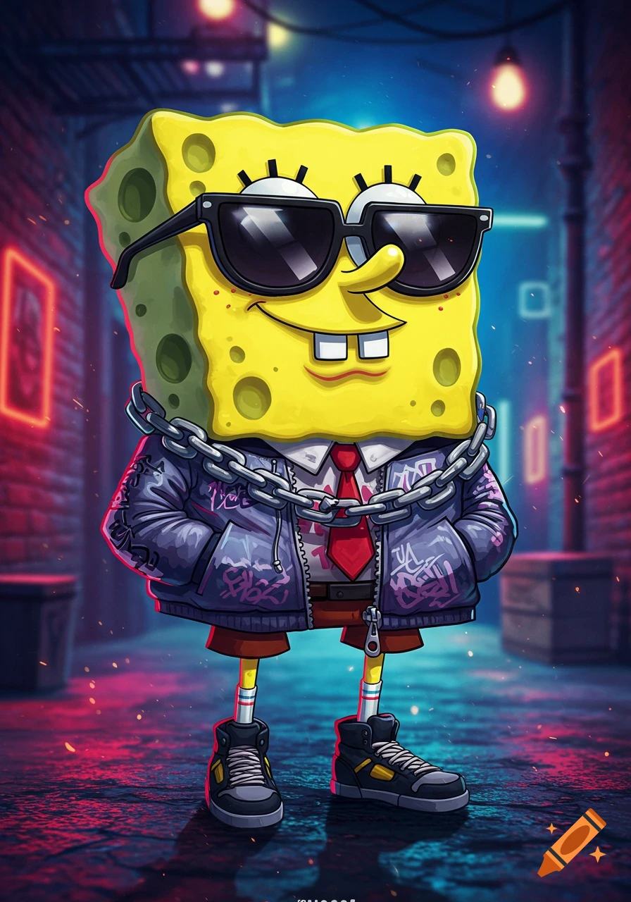 SpongeBob SquarePants wearing sunglasses, a gray and purple graffiti-covered jacket with chains, and sneakers, standing in a neon-lit alley at night. Cartoon style.