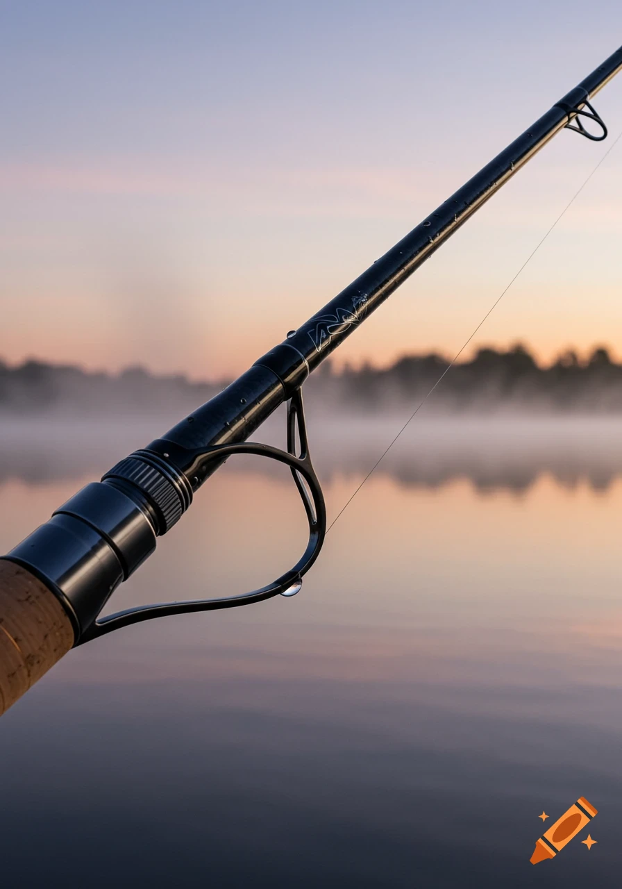Close-up of a fishing rod with a water droplet on a guide, set against a misty lake and a vibrant sunset sky.