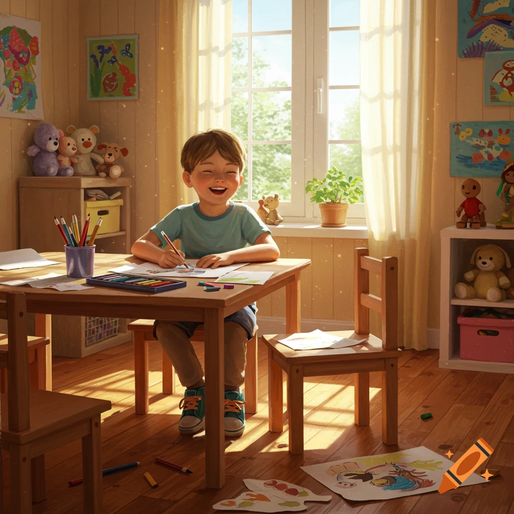 A happy young boy sits at a wooden table in a bright, sunny room, drawing with crayons in a realistic style.