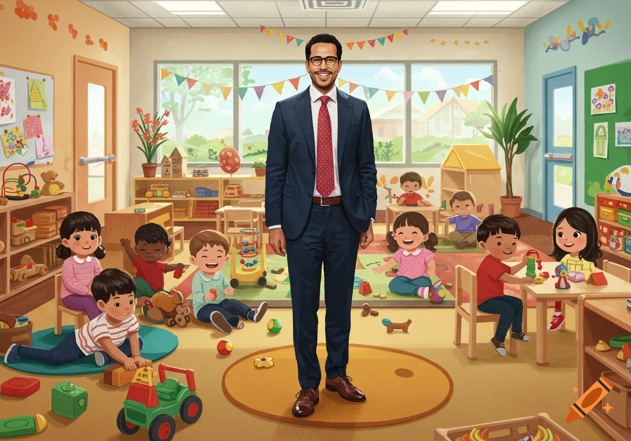 A man in a suit stands in a vibrant, cartoon-style childcare classroom surrounded by playing children.