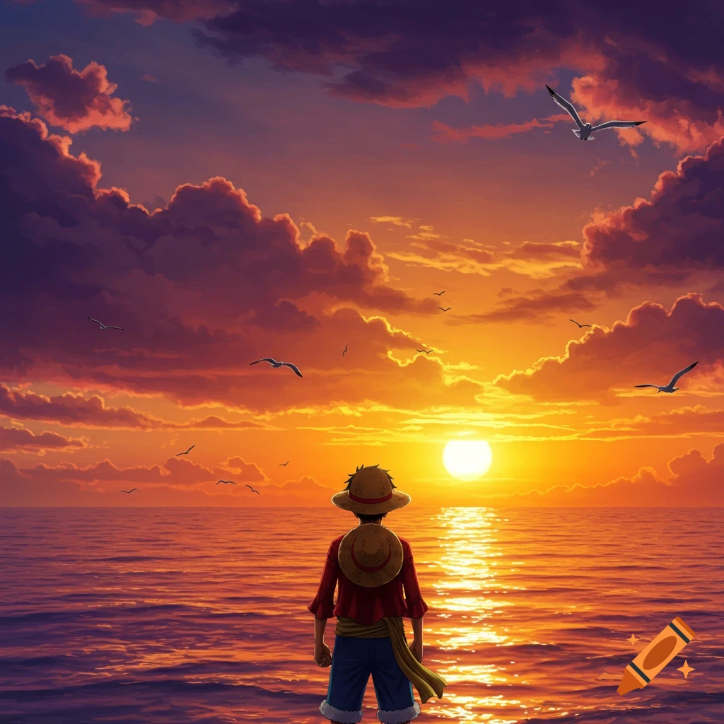 Anime character Luffy stands with his back to the viewer, watching a vibrant sunset over the sea with birds flying.