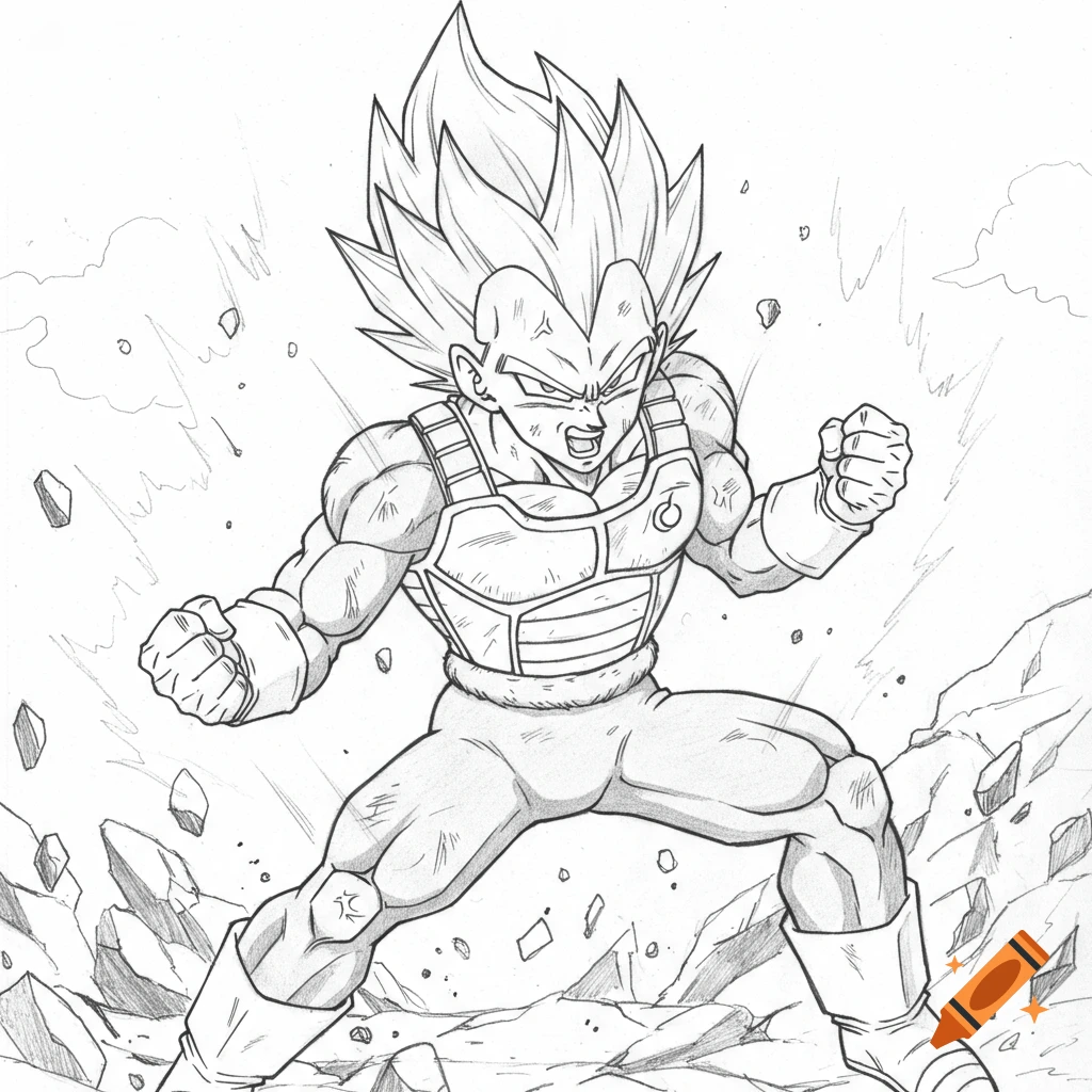 Pencil drawn line art of Vegeta from Dragon Ball, clenching his fists in an action fighting pose amidst debris.