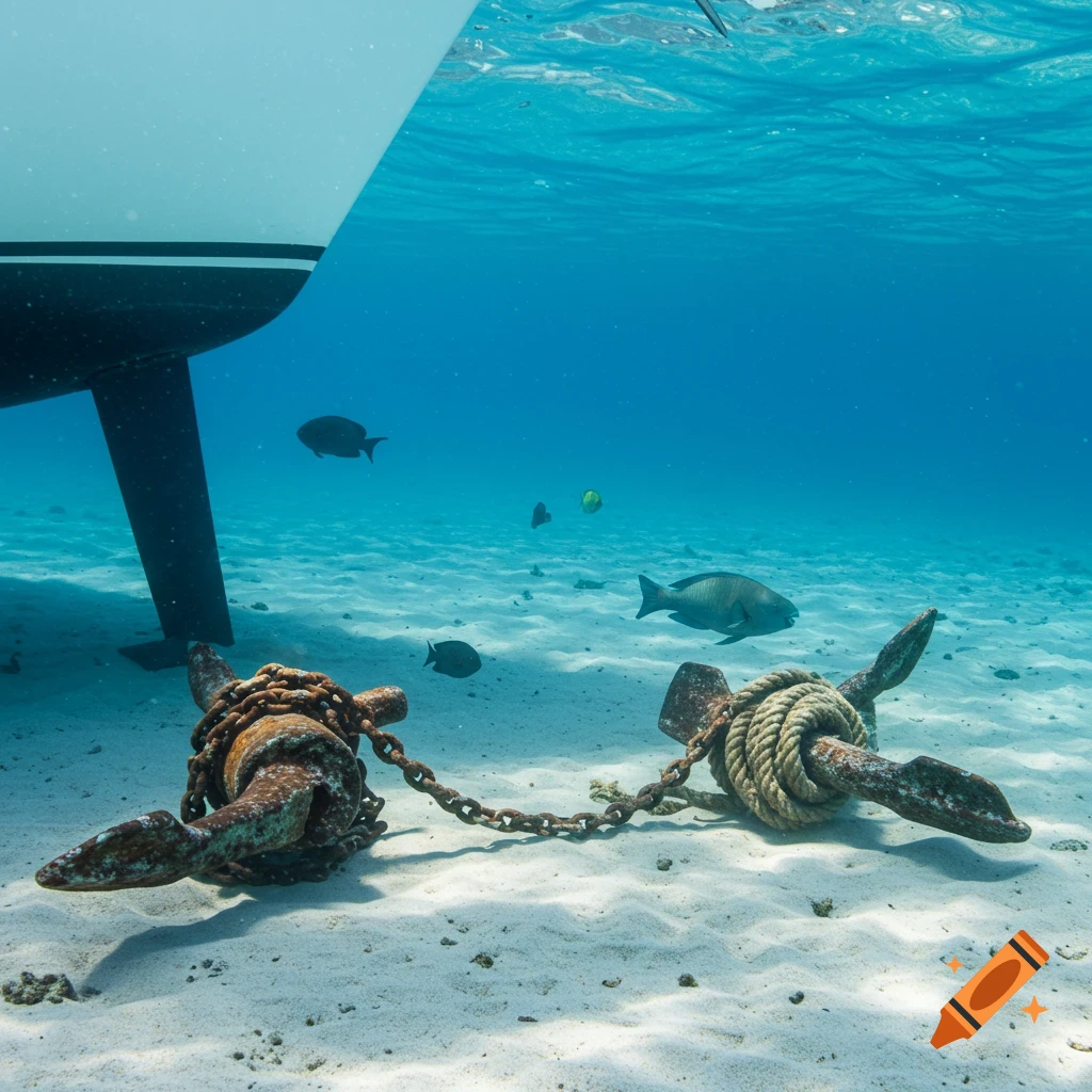 Underwater view of a white yacht hull and rudder above two rusty anchors on a sandy seabed, one with a chain, one with rope, small fish swim nearby.