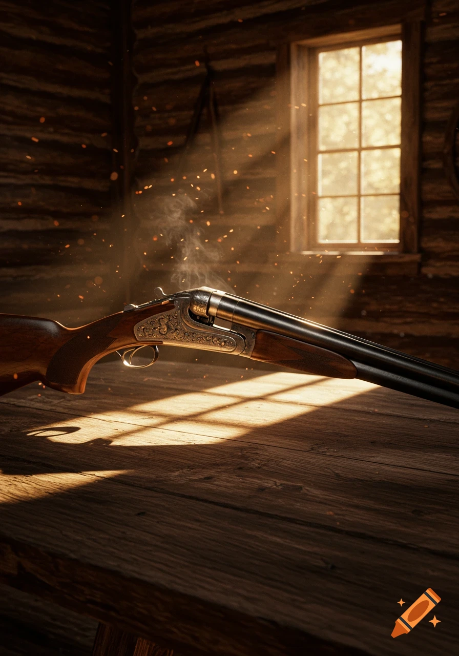 A detailed close-up of a double-barreled shotgun on a wooden table, with sunlight streaming through a window in a rustic room, showing smoke and sparks around the gun.