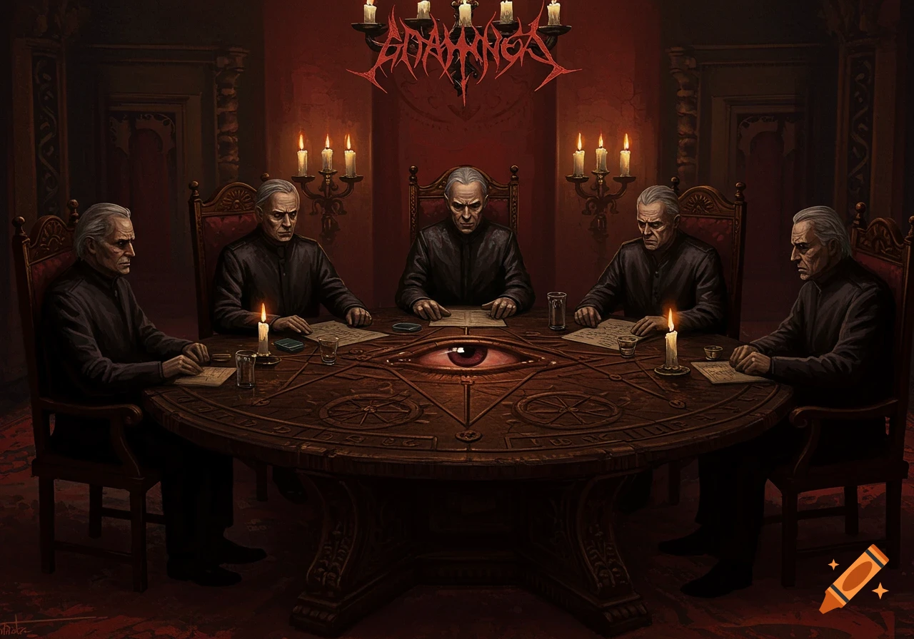 Five stern old men with white hair in dark clothes sit around a carved dark wooden table with a central eye and pentagrams, lit by candles, in a dark red room, in a painted style.
