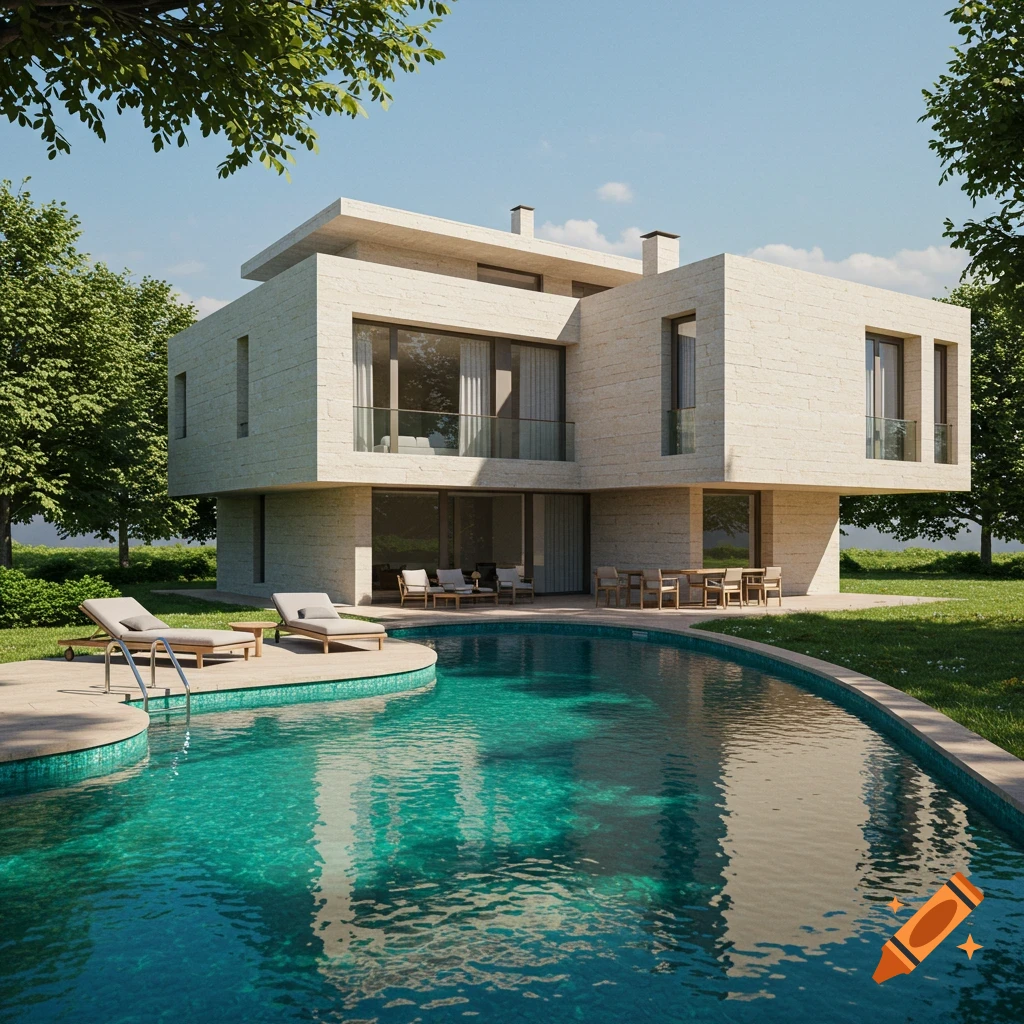 Photorealistic image of a modern stone house with a freeform swimming pool surrounded by green lawn and trees under a clear blue sky.
