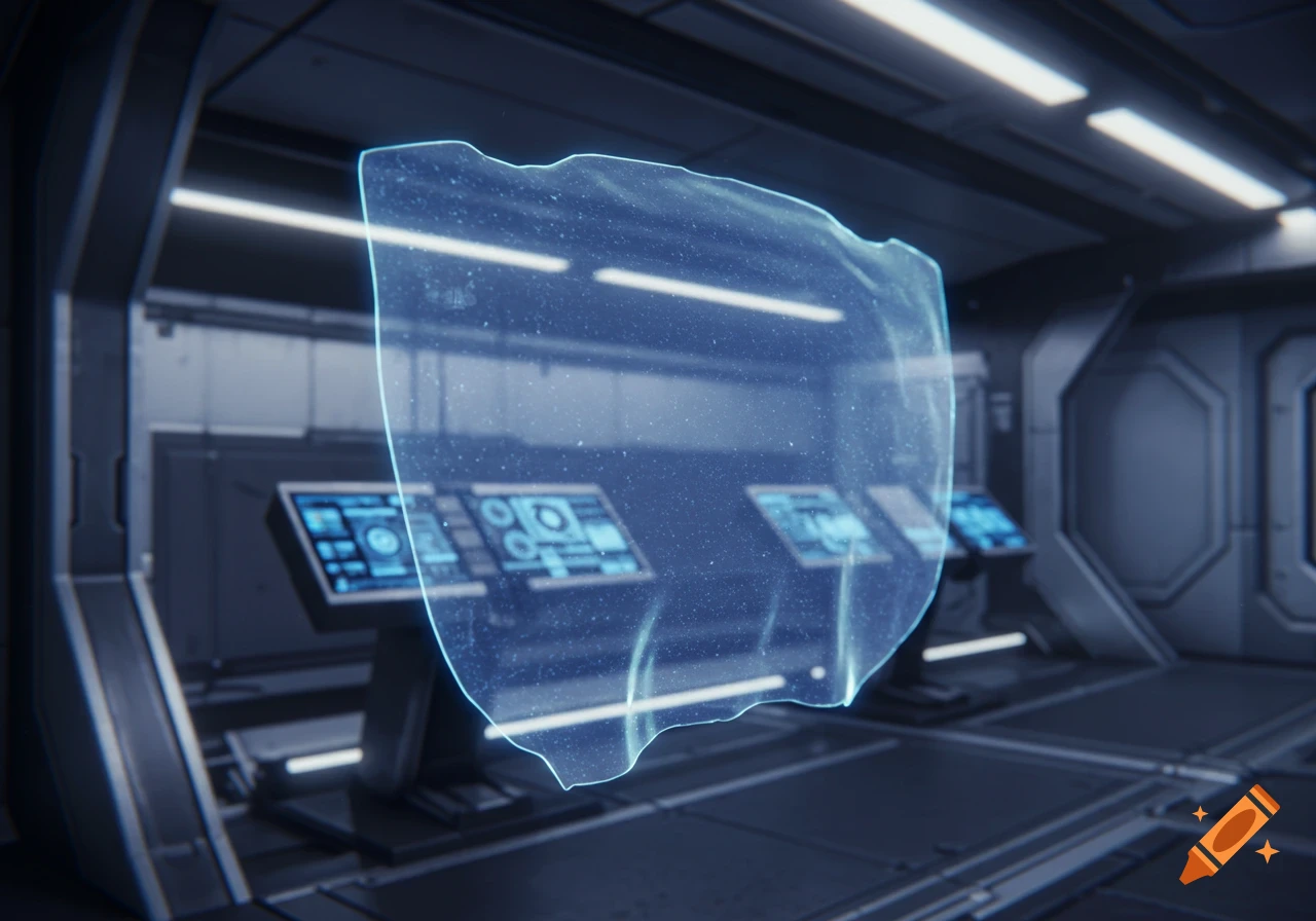 A glowing blue holographic display in a futuristic sci-fi control room with multiple data screens.