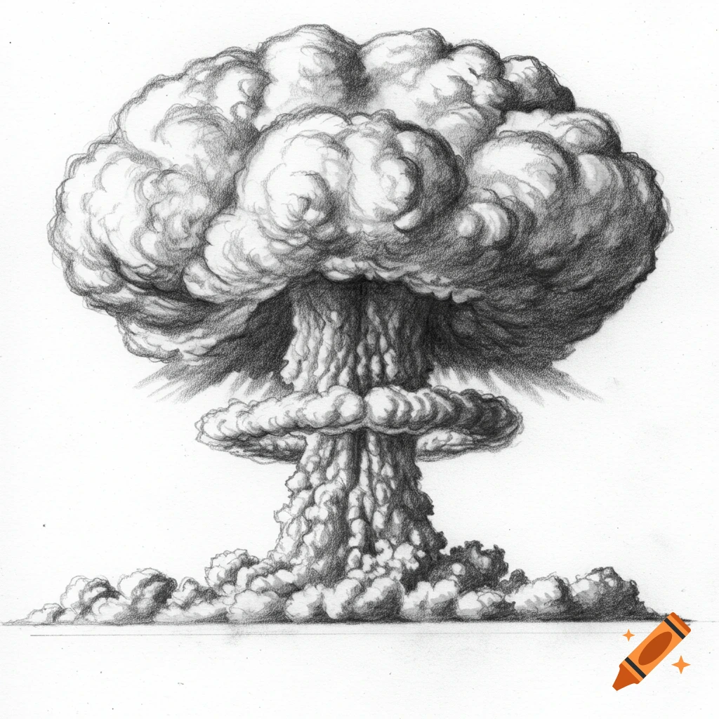 Pencil drawing of a large mushroom cloud from a nuclear explosion.