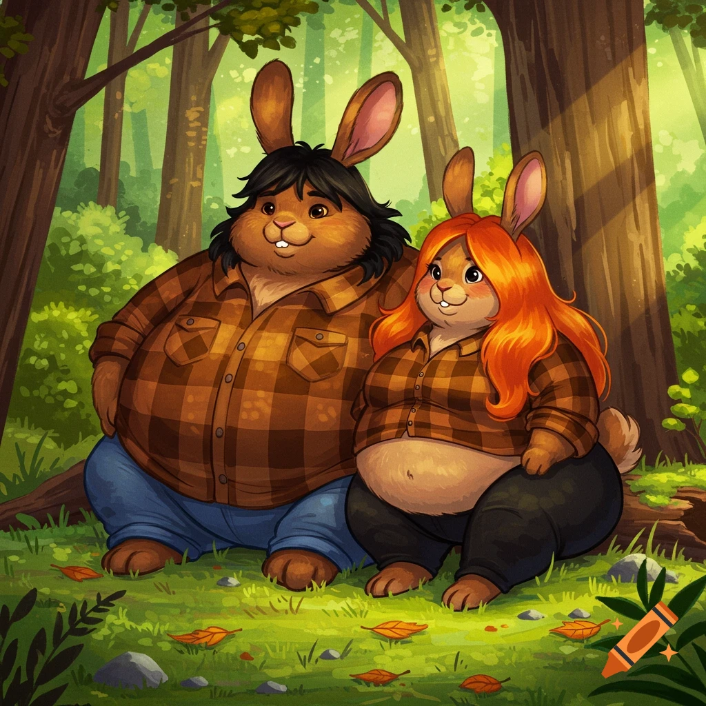 Two obese anthropomorphic brown bunnies, one with black hair and blue pants, the other with orange hair and black pants, wearing plaid lumberjack shirts, sit on green grass in a sunlit forest.