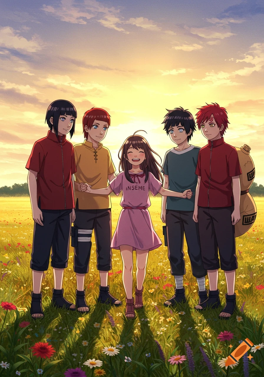 An anime-style group portrait of a smiling girl with four boys in a vibrant flower field at sunset.