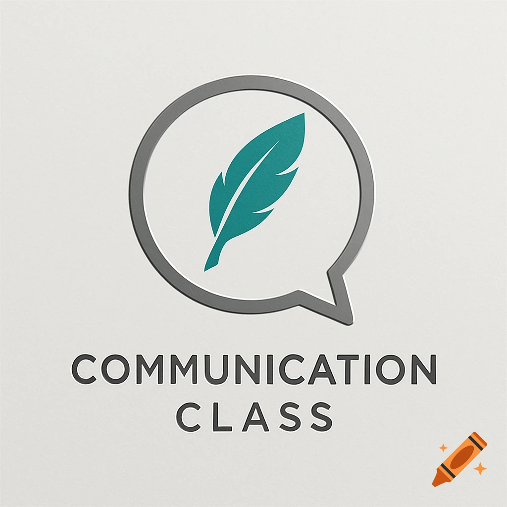A logo featuring a teal feather inside a grey speech bubble, above the words 'COMMUNICATION CLASS' on an off-white textured background.