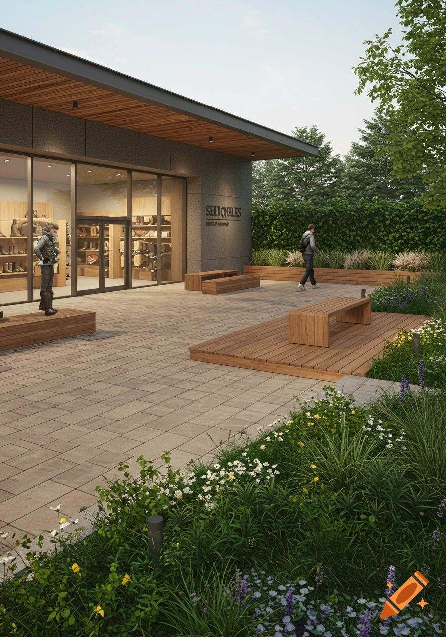 Modern building with a shoe store, an outdoor paved plaza with wooden benches, and lush green landscaping.