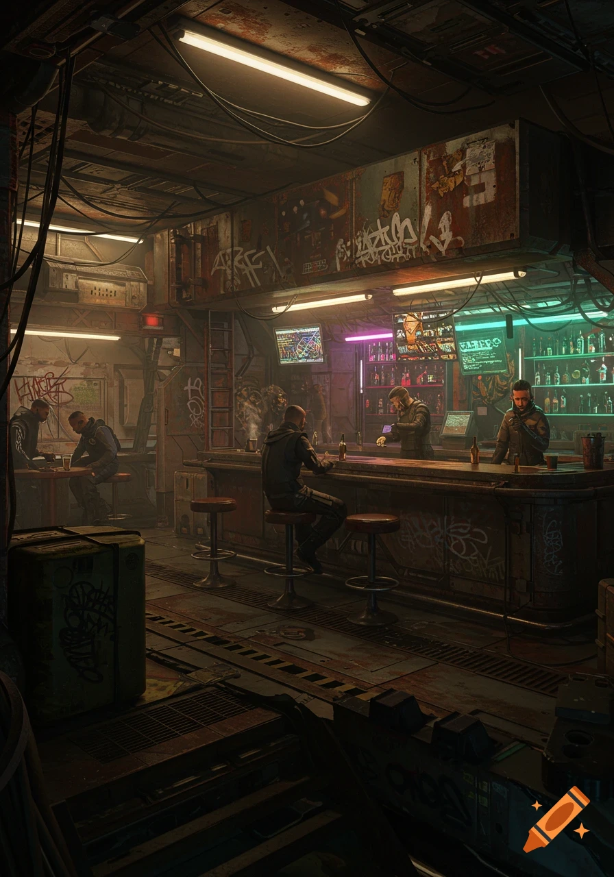 A dimly lit, decrepit cyberpunk bar on a space station, with patrons sitting at tables and a bar counter, vibrant neon lights illuminating liquor bottles.