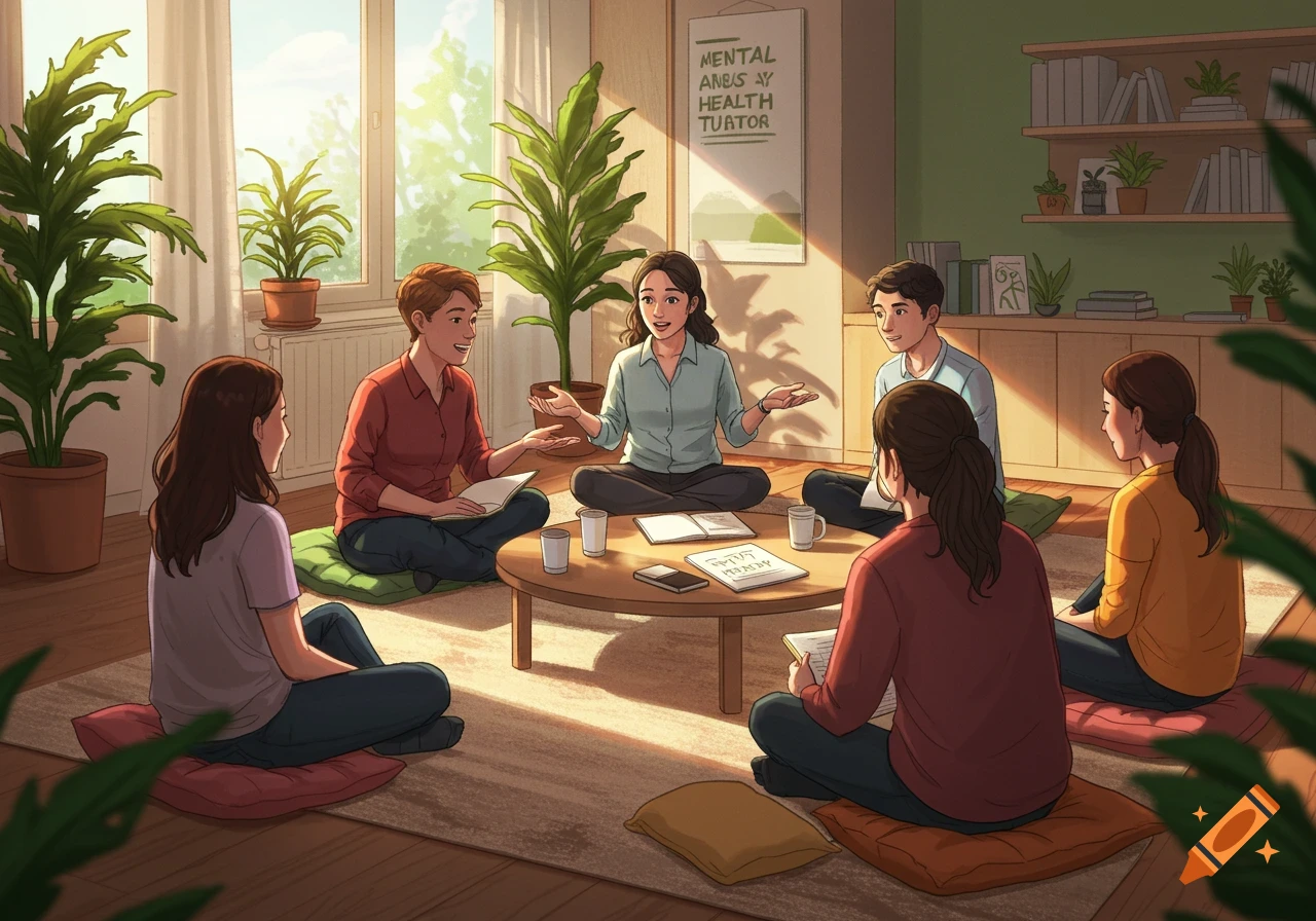 An illustration shows a diverse group of six people sitting on cushions on the floor in a brightly lit room, engaged in an informal mental health lesson with two instructors.
