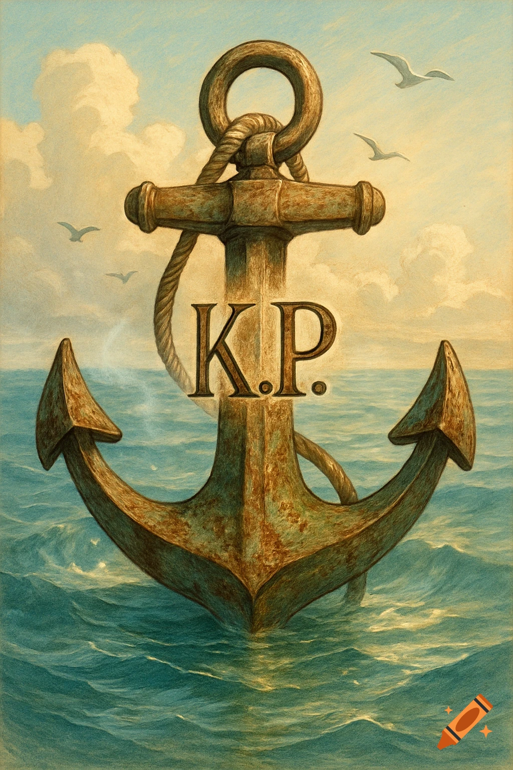 A rusty anchor with 'K.P.' on it in a blue-green sea, under a cloudy sky with seagulls, in a painterly style.