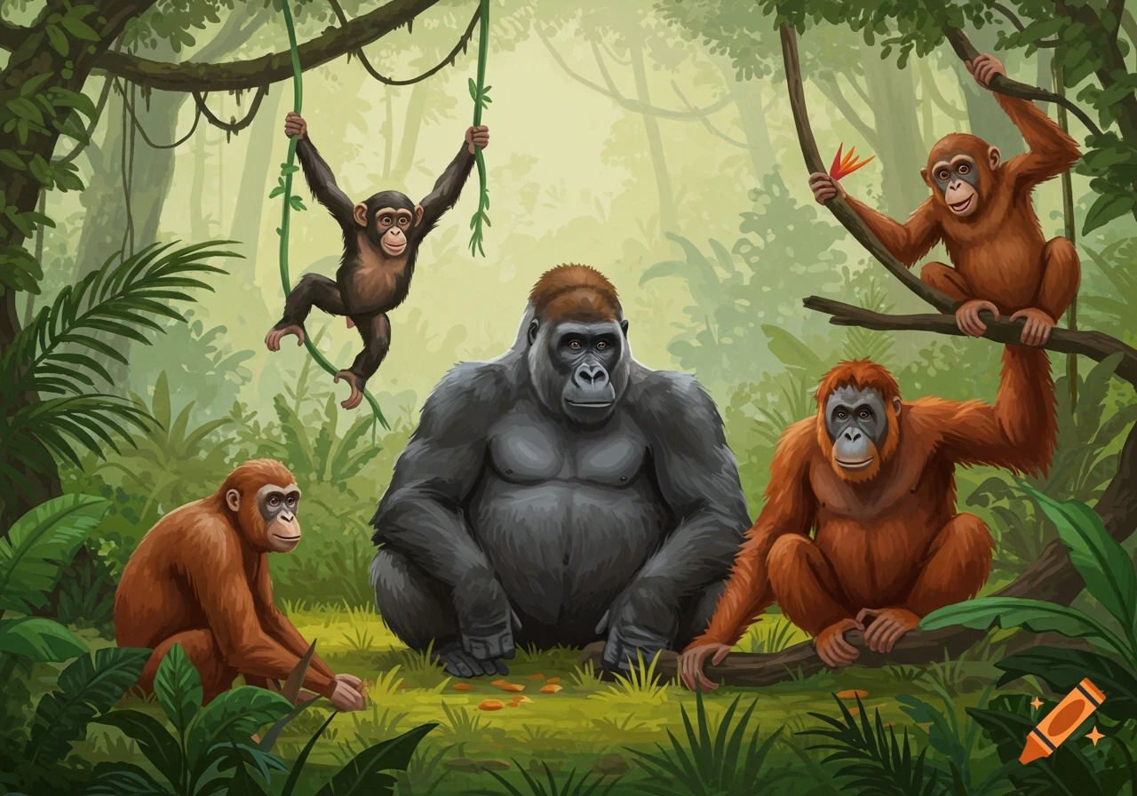 A stylized illustration of a silverback gorilla, three orangutans, and a chimpanzee in a vibrant jungle scene.