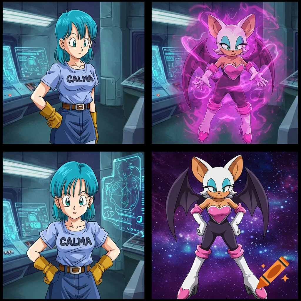 Four-panel anime comic of Bulma in a lab transforming into Rouge the Bat in space.